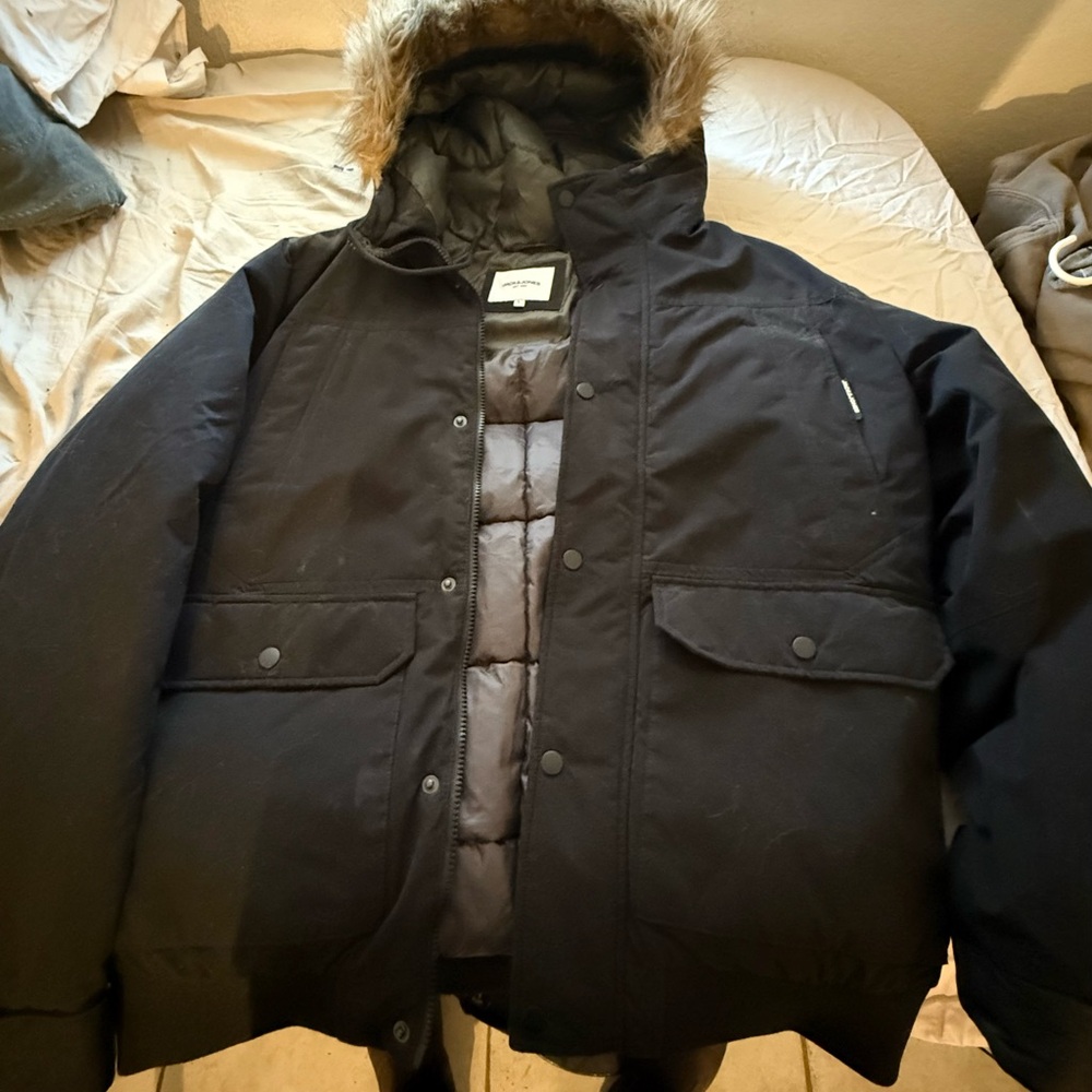 Jack & Jones Black Puffer Jacket with Fur Trim